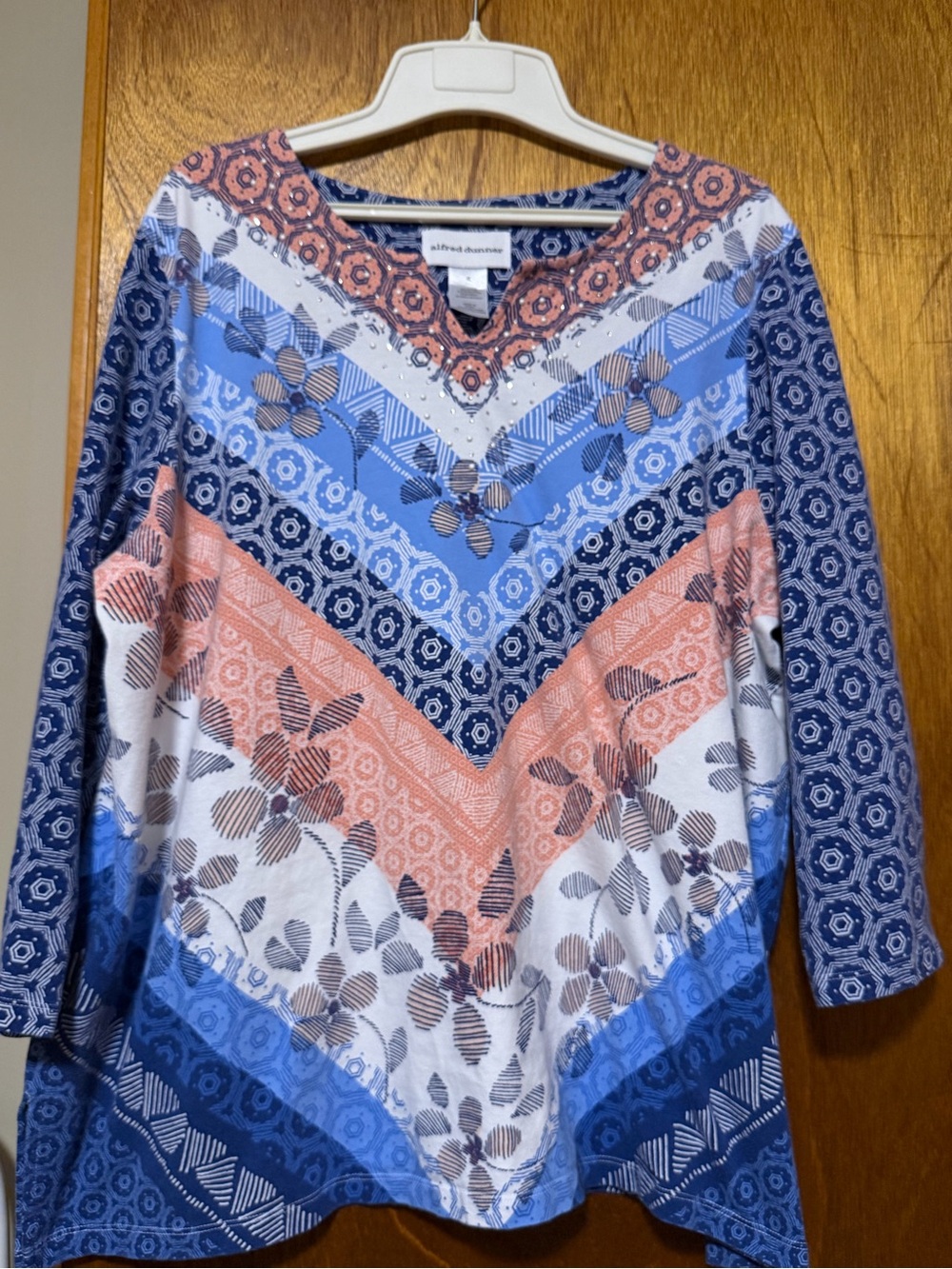 Alfred Dunner Blue, Coral & White Chevron Floral V-Neck Long Sleeve Top